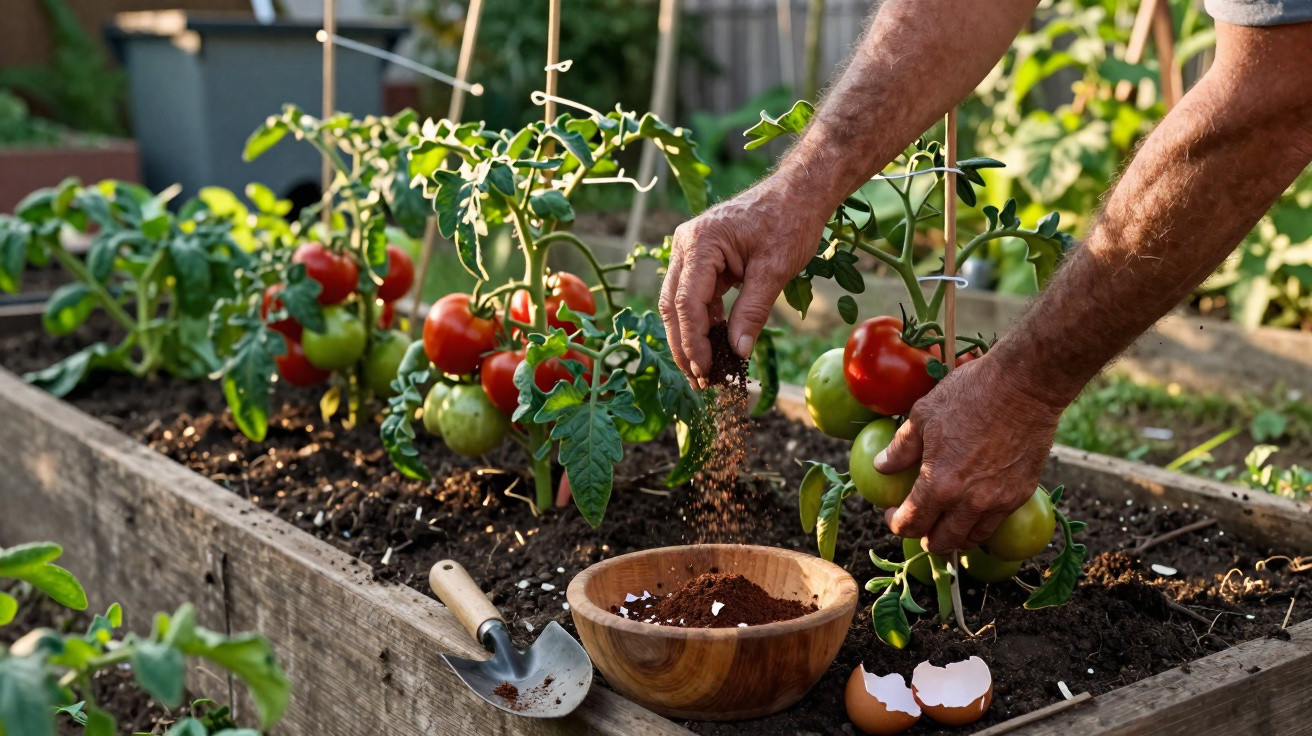 Mãos a cuidar de tomates vermelhos e verdes numa horta elevada, envolvendo terra e húmus orgânico.