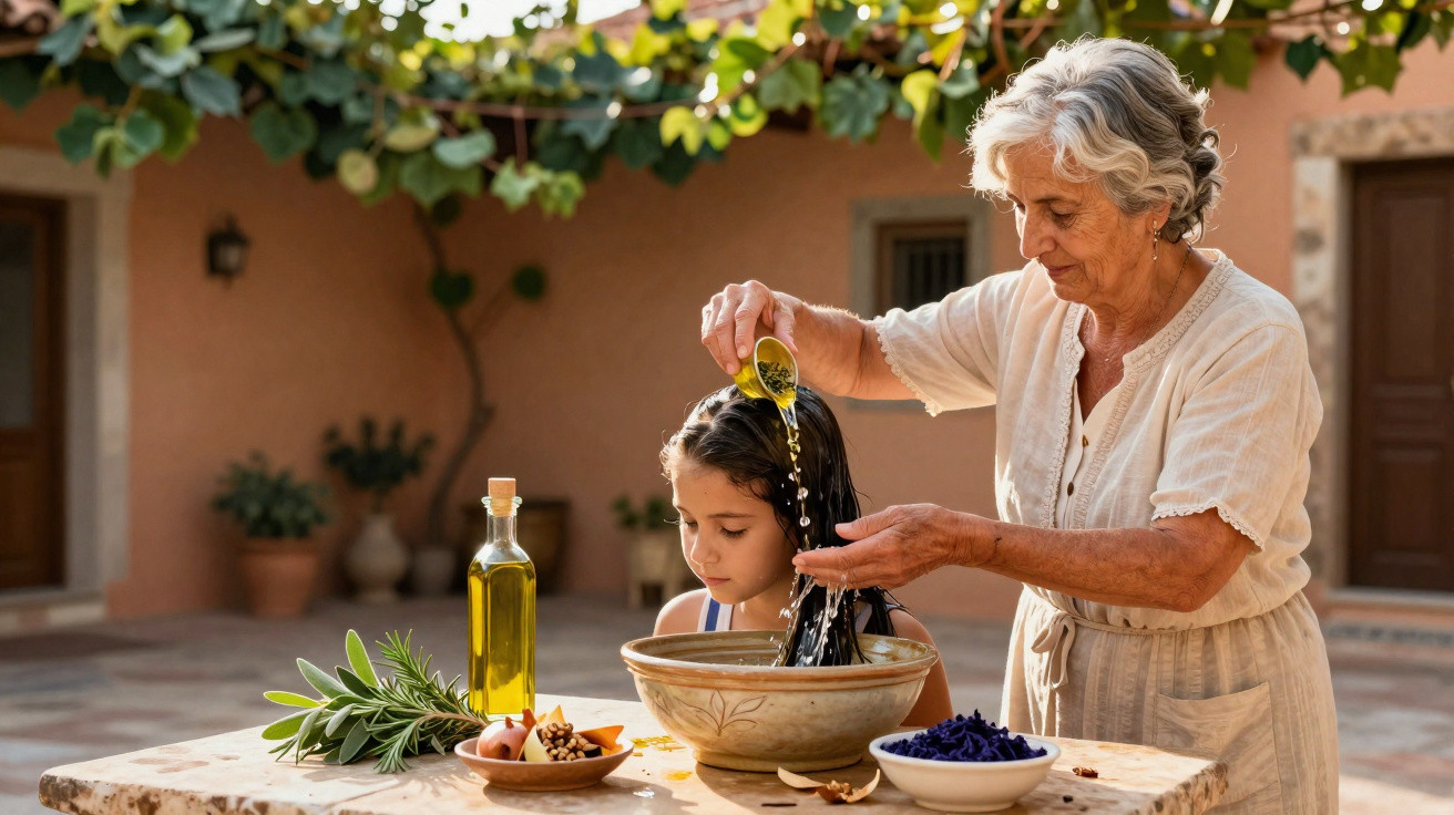 Mulher idosa com jarro a verter óleo no cabelo de criança numa mesa com plantas e utensílios.