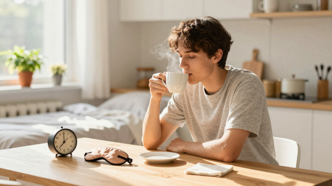 Jovem sentado na cozinha a tomar bebida quente, com máscara de dormir e relógio na mesa de madeira.