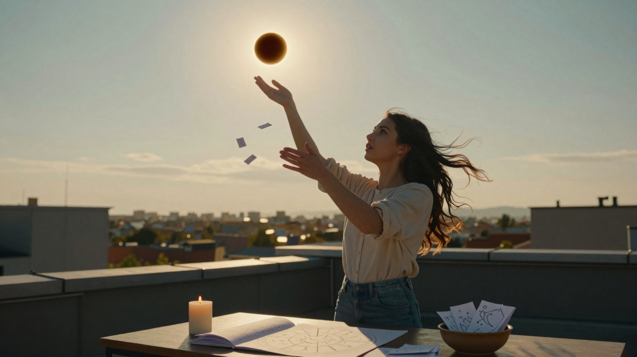 Mulher na varanda a lançar cartas com sol ao fundo, livro aberto e vela acesa sobre mesa de madeira.