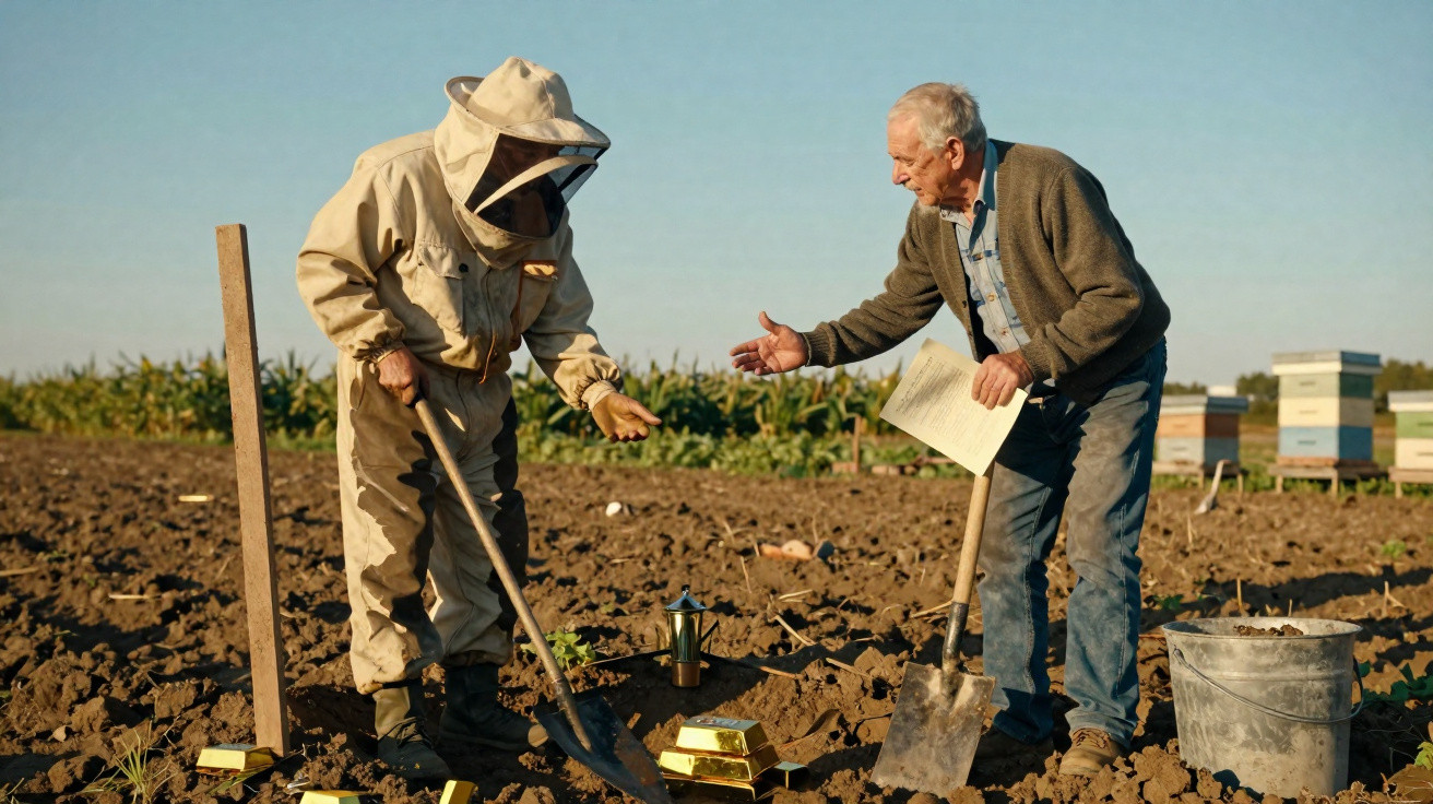 Dois homens, um apicultor e um agricultor, encontram barras de ouro enterradas numa terra arada.