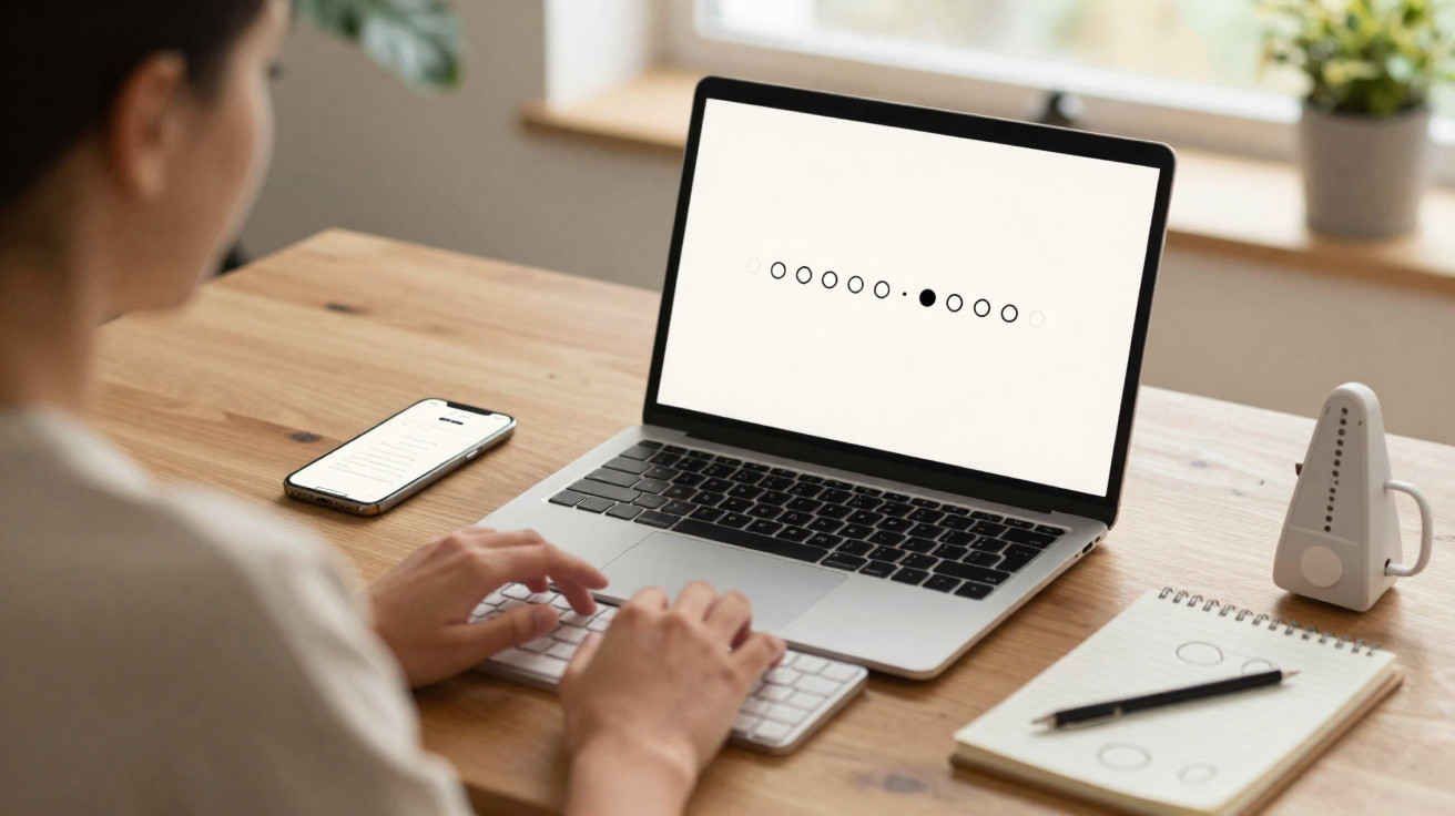 Pessoa a usar teclado sem fios diante de computador portátil com ecrã branco e smartphone num ambiente iluminado.