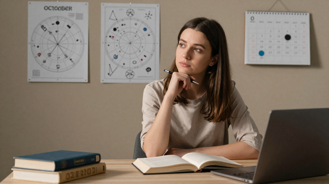 Mulher pensativa sentada numa mesa com livros abertos e computador, calendário e gráficos na parede.