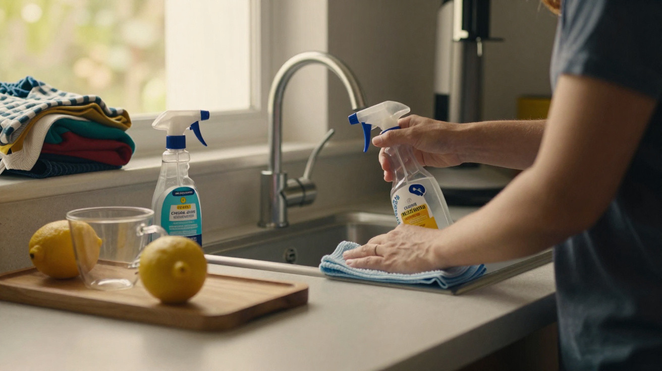 Pessoa a limpar a bancada da cozinha com pano azul e spray de limpeza, com limões e copos ao lado.