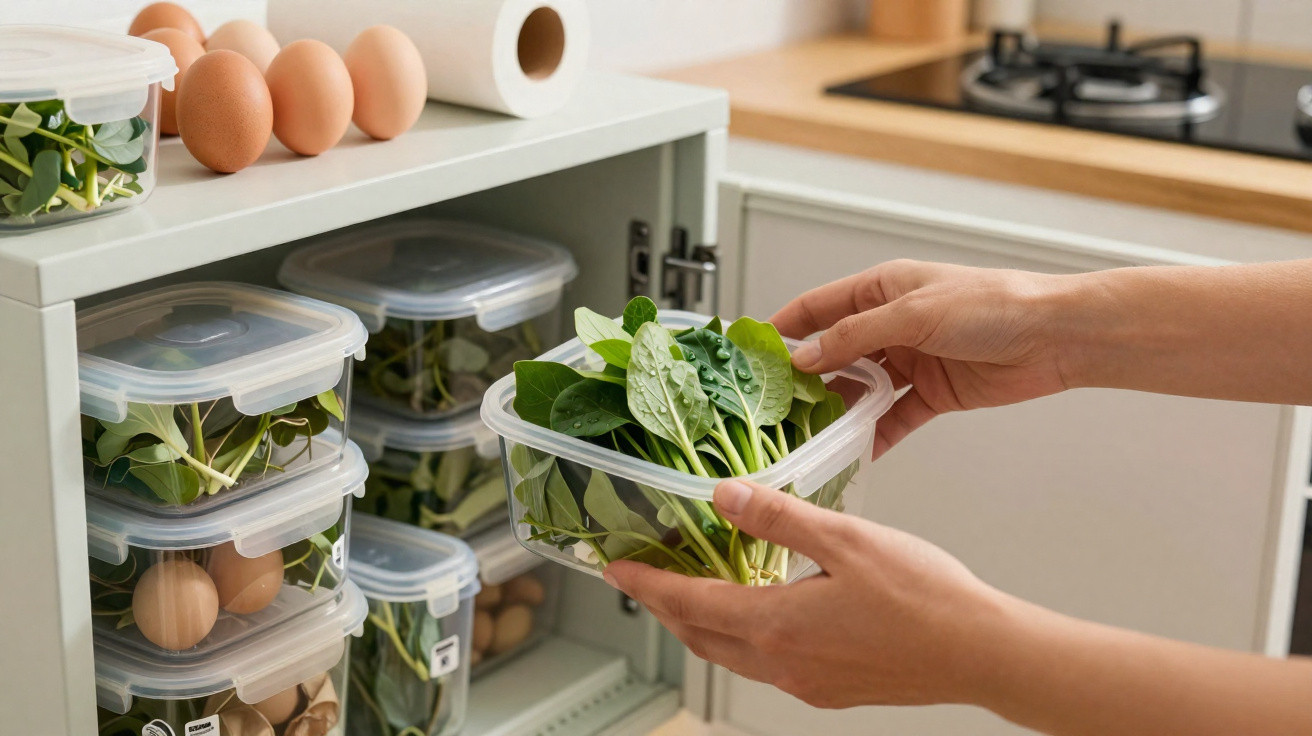Mãos a colocar folhas verdes em recipiente plástico numa despensa com ovos e outros recipientes.
