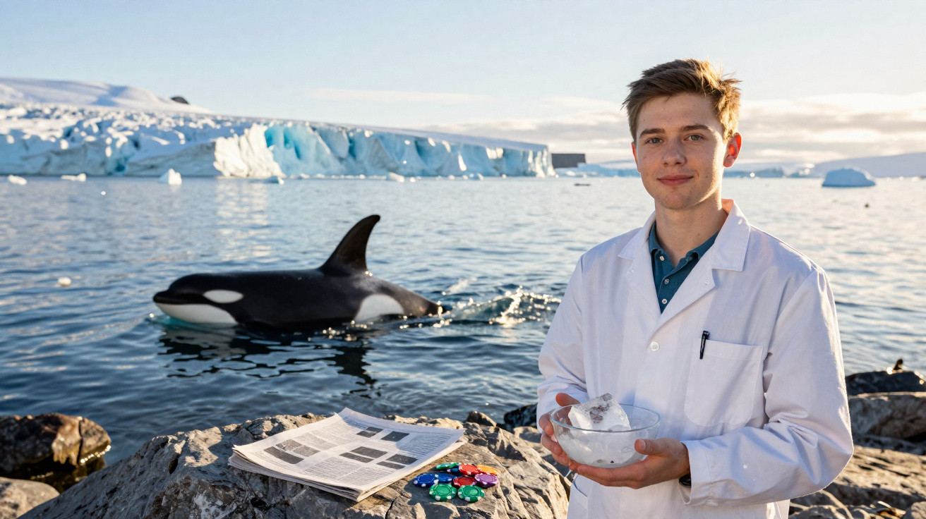 Jovem cientista com bata branca segura tigela de gelo junto a orca em mar gelado com icebergues ao fundo.