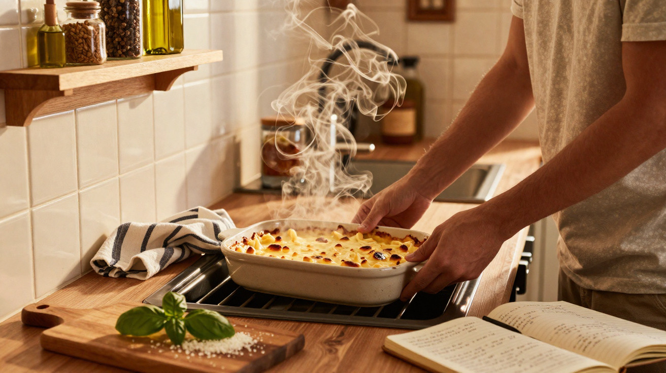 Pessoa a retirar do forno um prato quente com comida gratinada numa cozinha acolhedora.