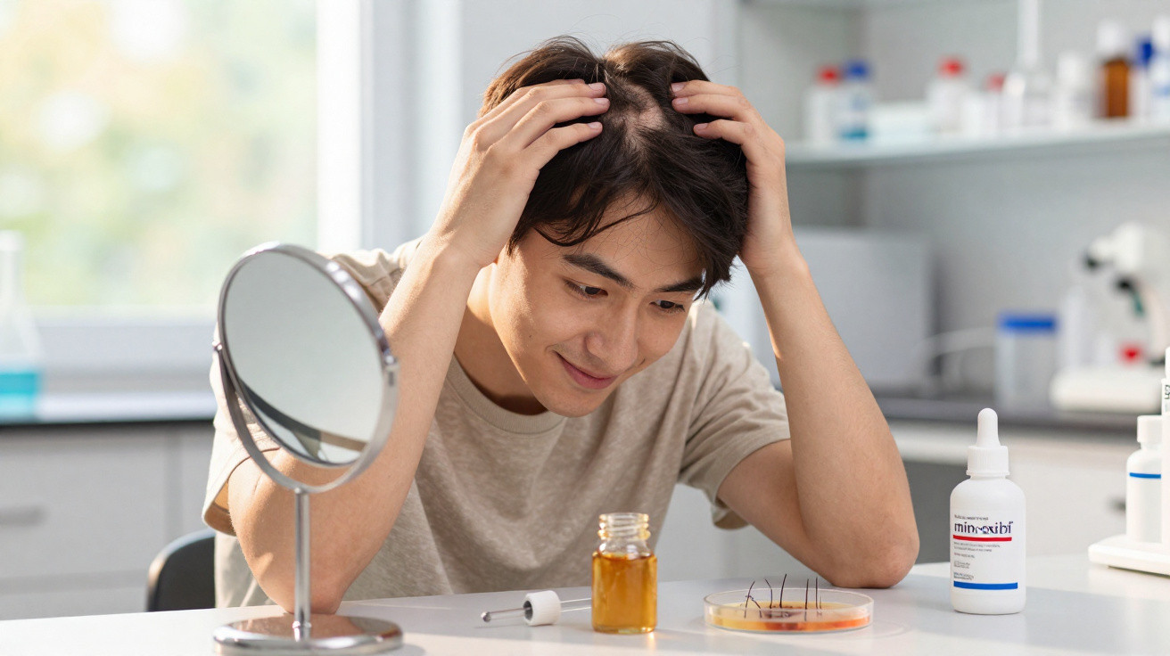 Homem em laboratório observa amostras de cabelo e frascos de produto para tratamento capilar.