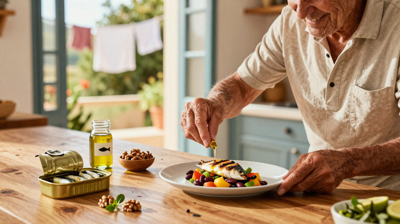 Homem a temperar peixe grelhado com legumes num prato na cozinha iluminada pela luz do dia.