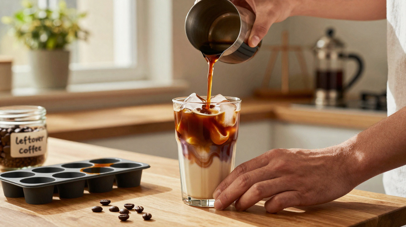 Pessoa a despejar café num copo com gelo e leite numa cozinha iluminada naturalemente.