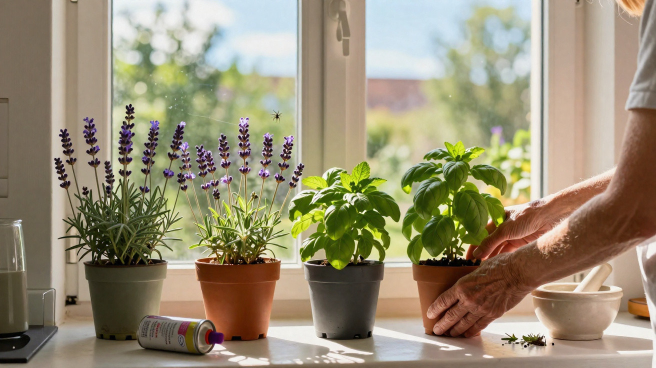 Mãos cuidadosas a arranjar plantas de manjericão e lavanda no peitoril de uma janela iluminada pelo sol.