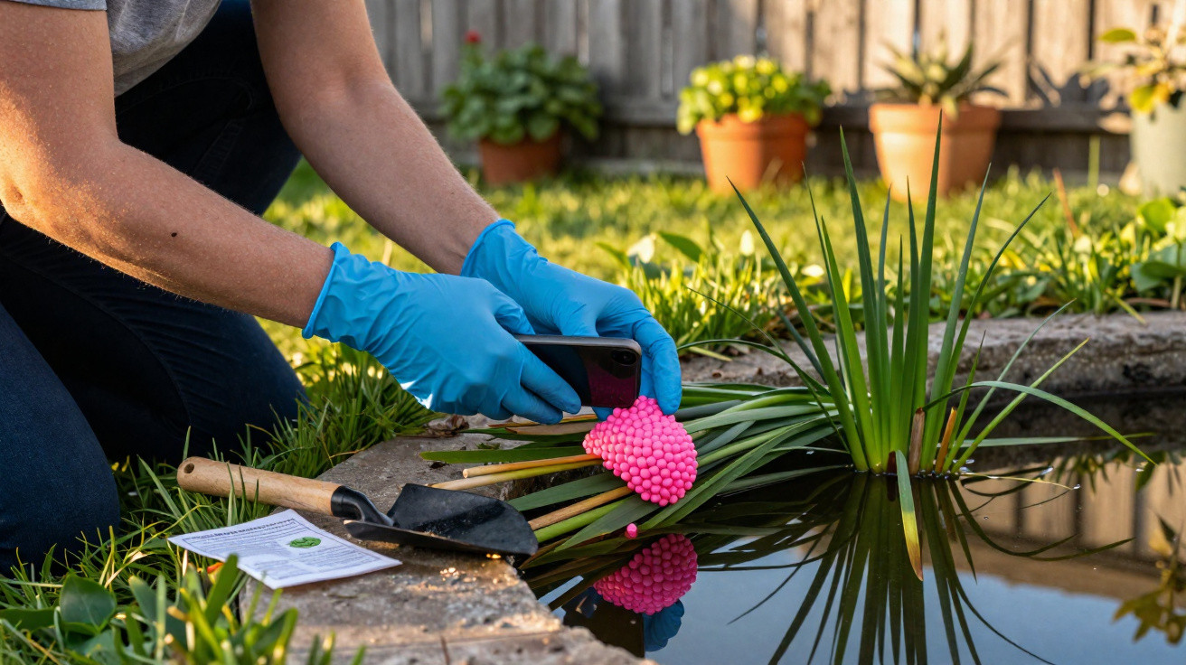 Pessoa com luvas azuis recolhe ovos de rã cor-de-rosa junto a lagoa num jardim com plantas e ferramentas.