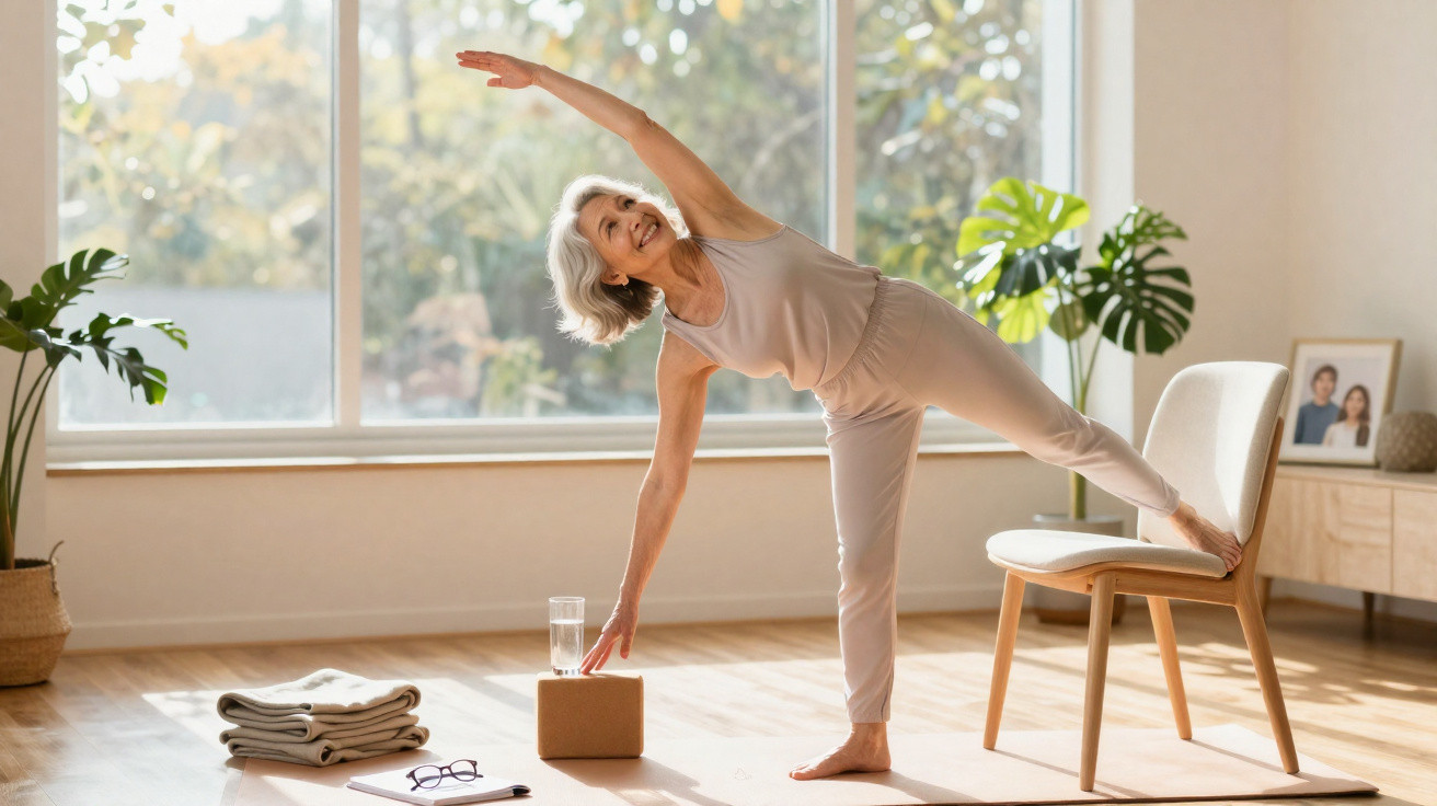 Mulher idosa a alongar o corpo apoiada numa cadeira numa sala iluminada e arejada, praticando yoga.