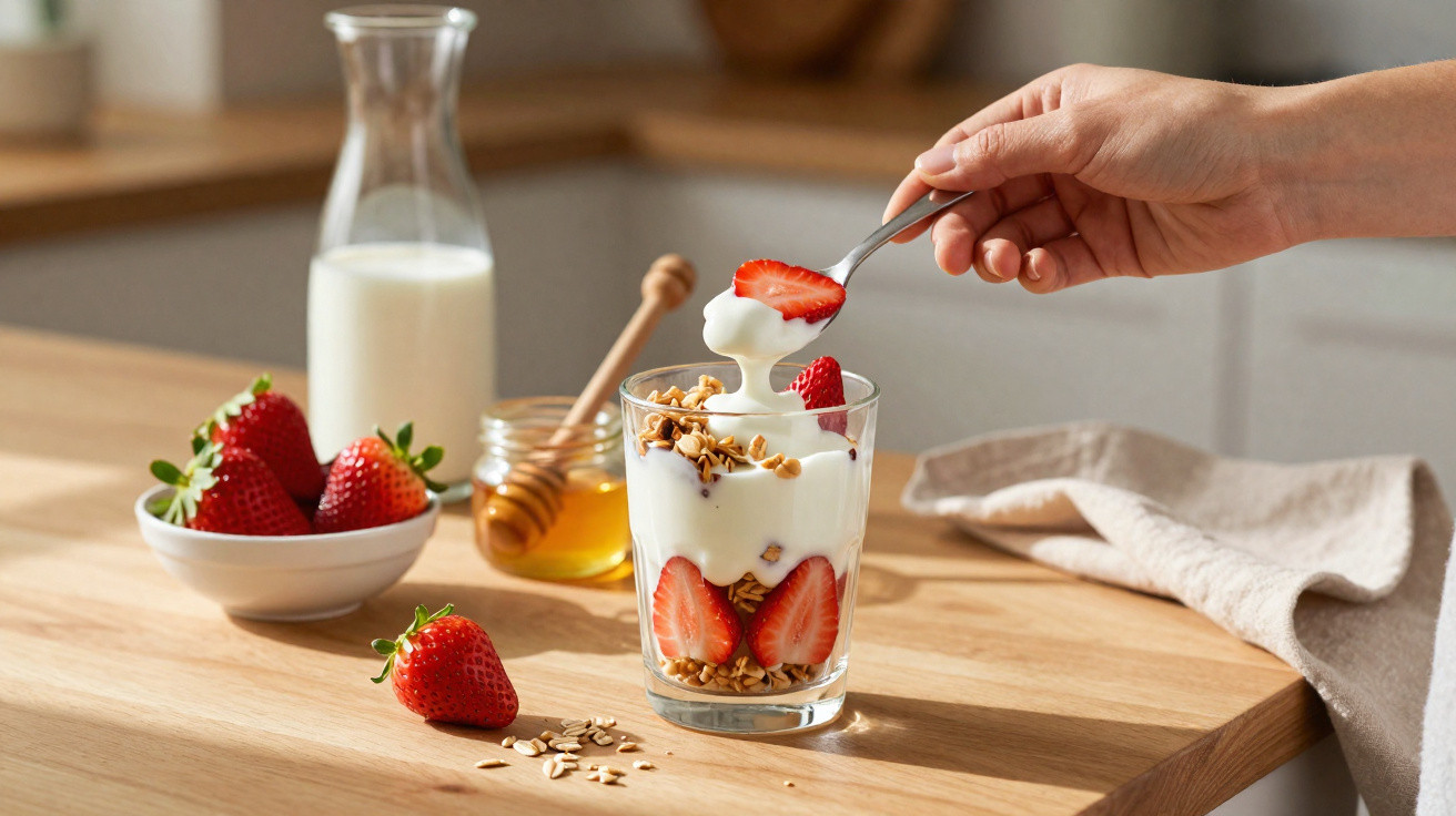 Taça com iogurte, morangos e granola, com mão a colocar colher de iogurte e morango, sobre mesa de madeira.