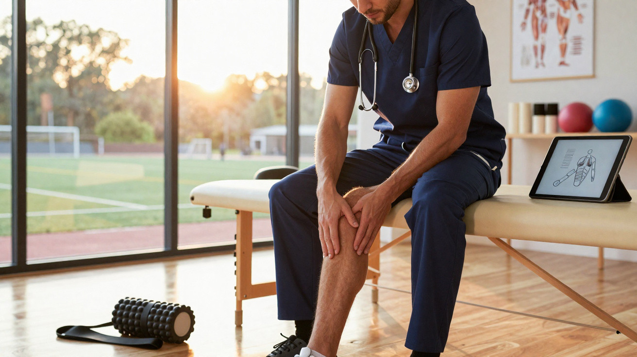 Médico sentado numa clínica desportiva a segurar o joelho, com equipamento de fisioterapia e diagrama anatómico ao fundo.