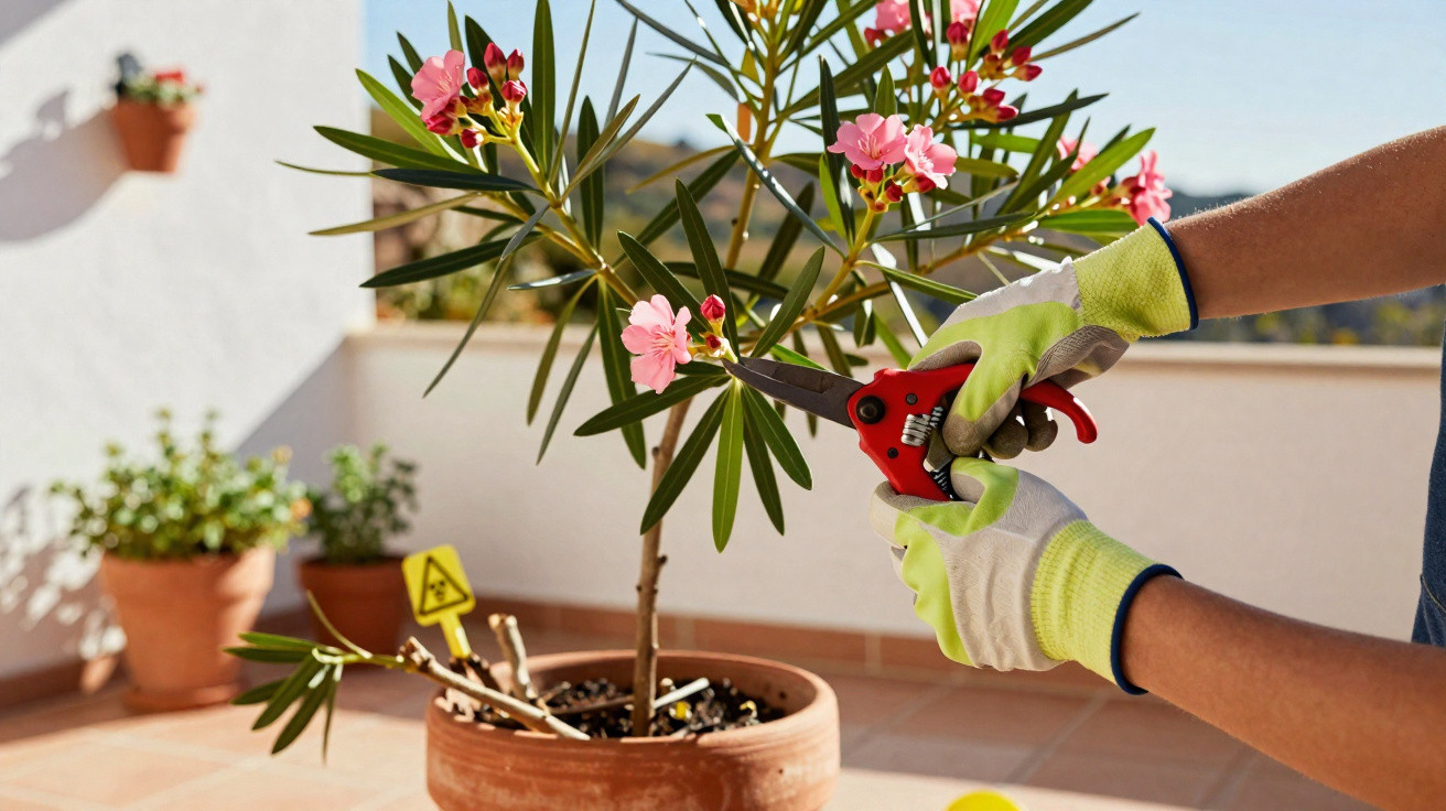 Pessoa a podar planta florida rosa em vaso de barro numa varanda com luvas de jardinagem.