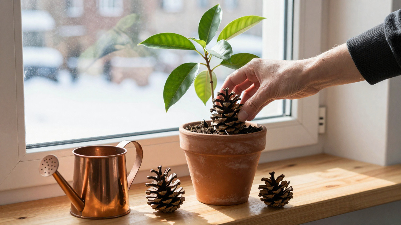 Mão a colocar pinha em vaso com planta numa janela, ao lado de regador metálico e outras duas pinhas.