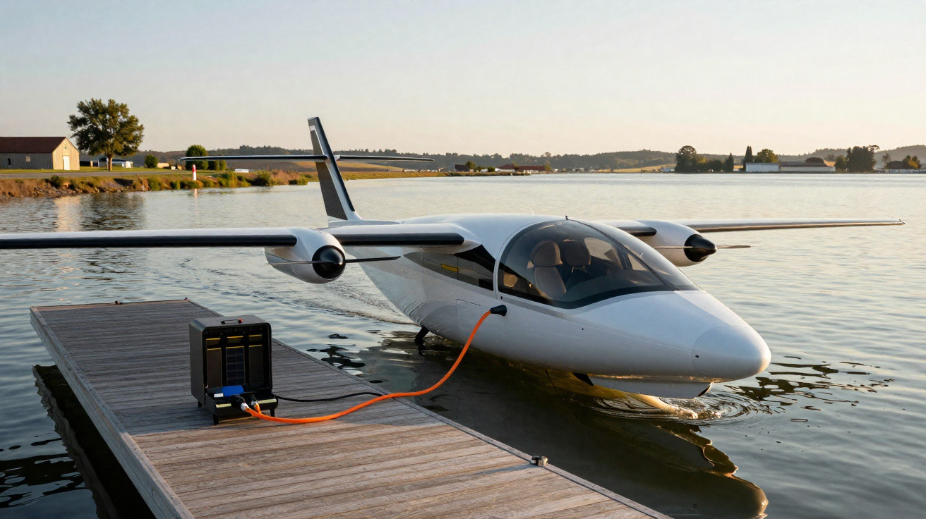 Avião elétrico flutuante ligado a estação de carregamento numa doca em lago calmo ao pôr do sol.