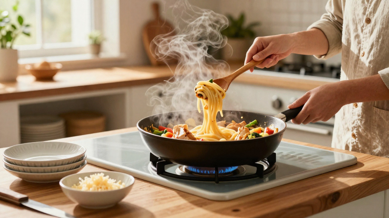 Pessoa a cozinhar esparguete com legumes e frango numa frigideira sobre fogão a gás numa cozinha moderna.