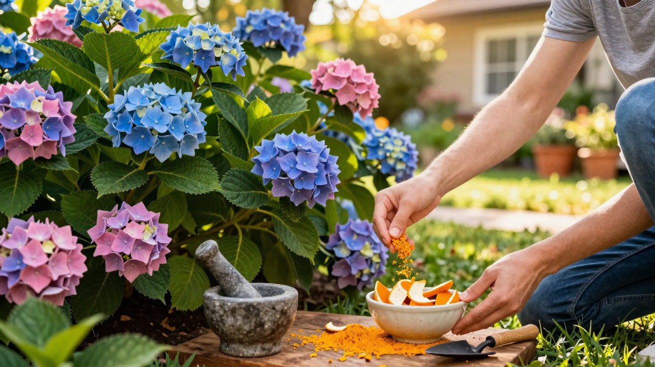 Pessoa a preparar mistura de cascas de laranja junto a hortênsias cor-de-rosa e azul num jardim.