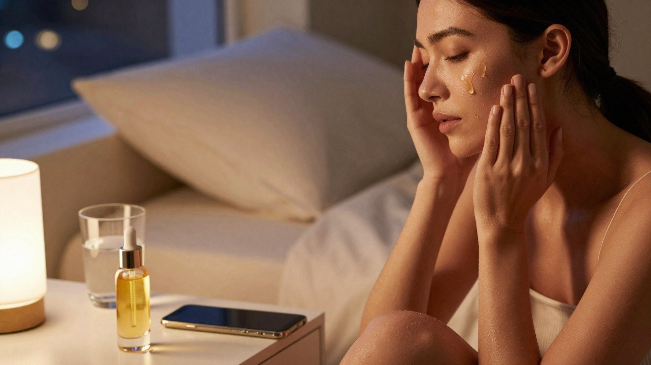Mulher com olhos fechados a aplicar sérum no rosto num ambiente tranquilo e iluminado à noite.