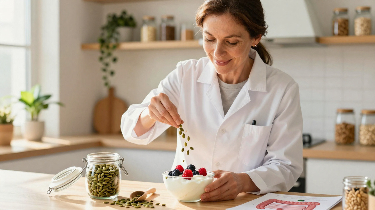 Mulher de bata branca a polvilhar sementes numa taça com iogurte e frutos vermelhos numa cozinha.