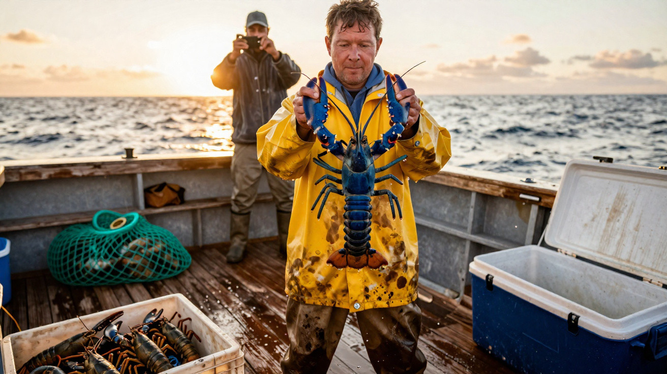 Pescador com casaco amarelo segura lagosta azul a bordo de barco, outra pessoa tira foto ao fundo ao pôr do sol.