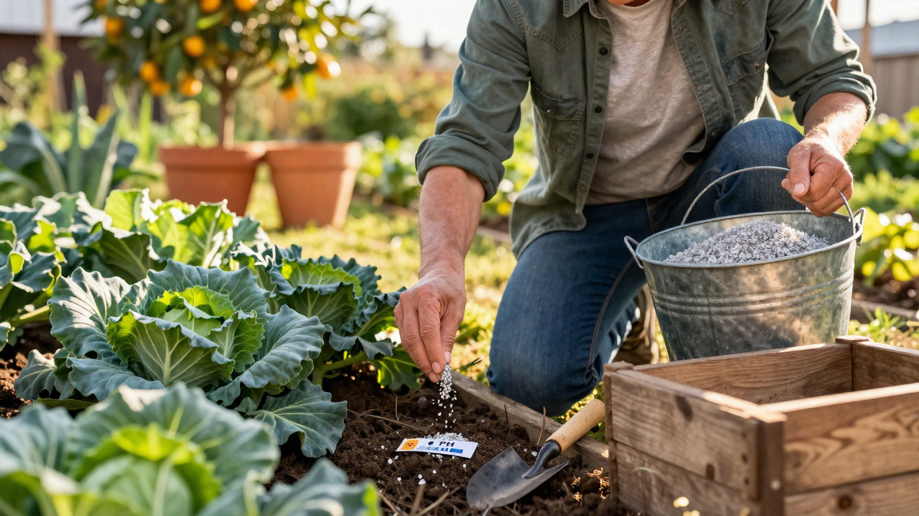 Pessoa a fertilizar terra num jardim com plantas e repolhos à volta, usando um balde metálico.