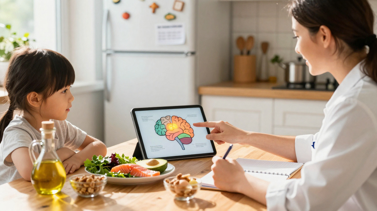 Criança atenta a profissional que explica partes do cérebro num tablet, com alimentos saudáveis à mesa.