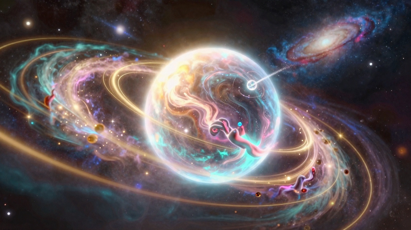 Planeta transparente com anéis luminosos e figuras humanas flutuando no espaço colorido e estrelado.