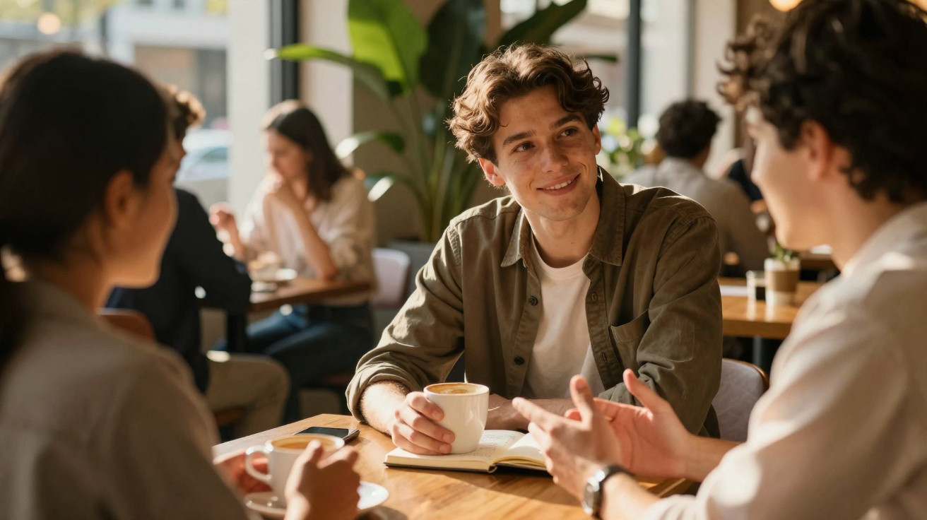 Jovens a conversar e beber café numa esplanada luminosa e acolhedora numa tarde ensolarada.