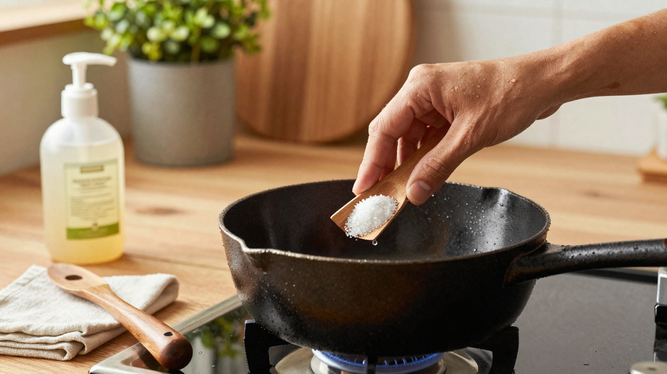 Mão a colocar sal numa frigideira preta sobre fogão a gás numa cozinha com utensílios ao fundo.