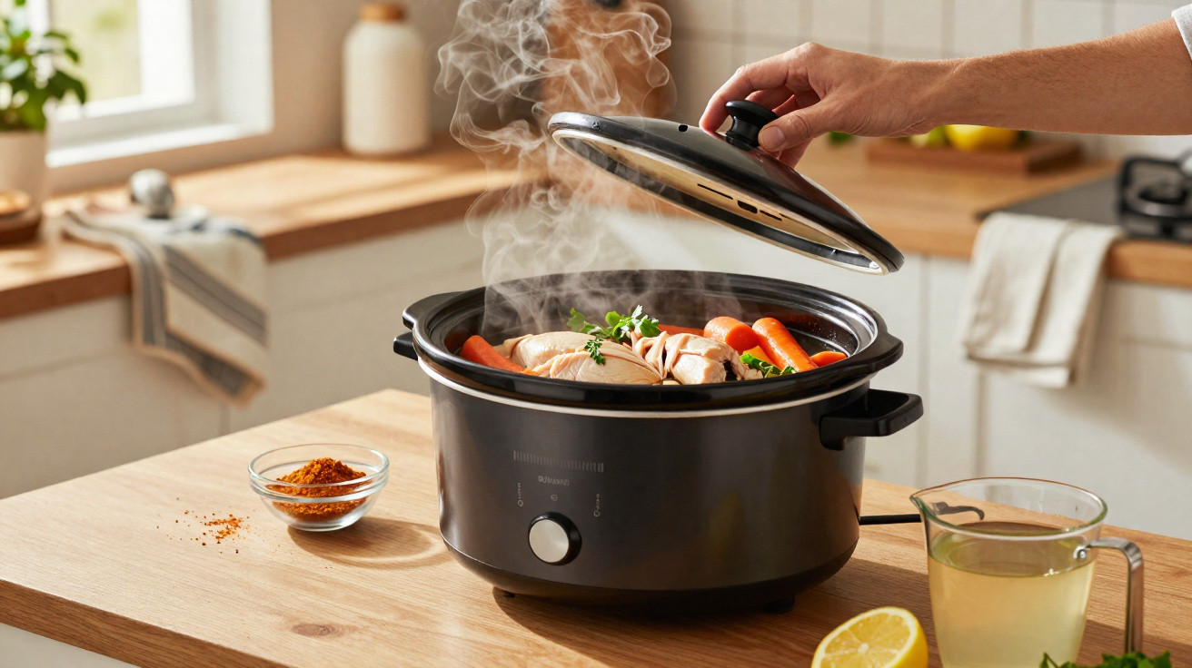 Panela lenta preta com frango e legumes a vapor numa cozinha moderna com mão a levantar a tampa.