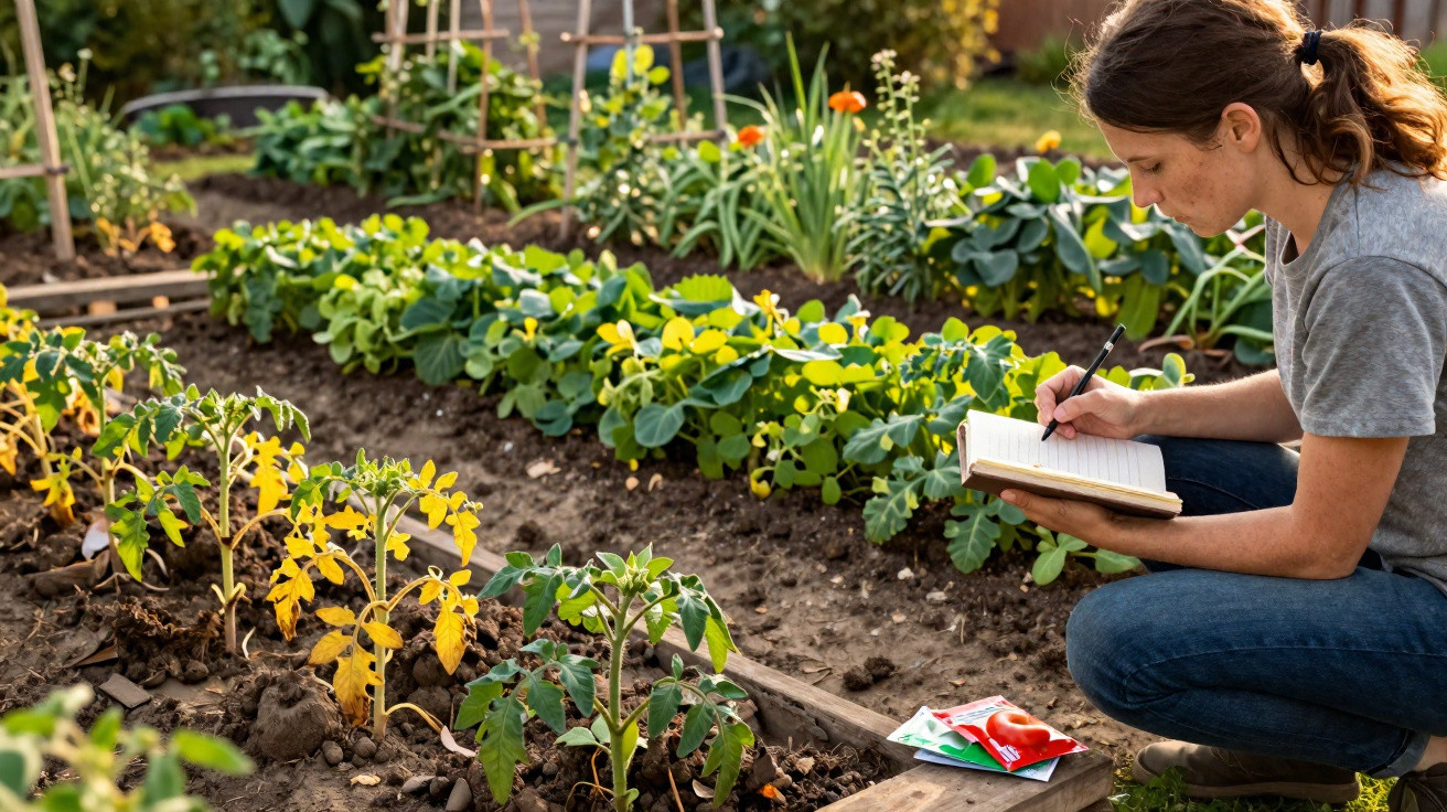 Mulher a anotar num caderno enquanto observa plantas num jardim com estacas de madeira.