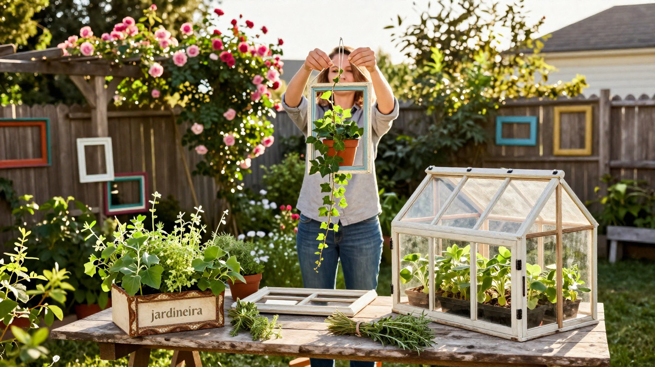 Pessoa a cuidar de plantas num jardim com floreiras, estufa e flores coloridas ao fundo.