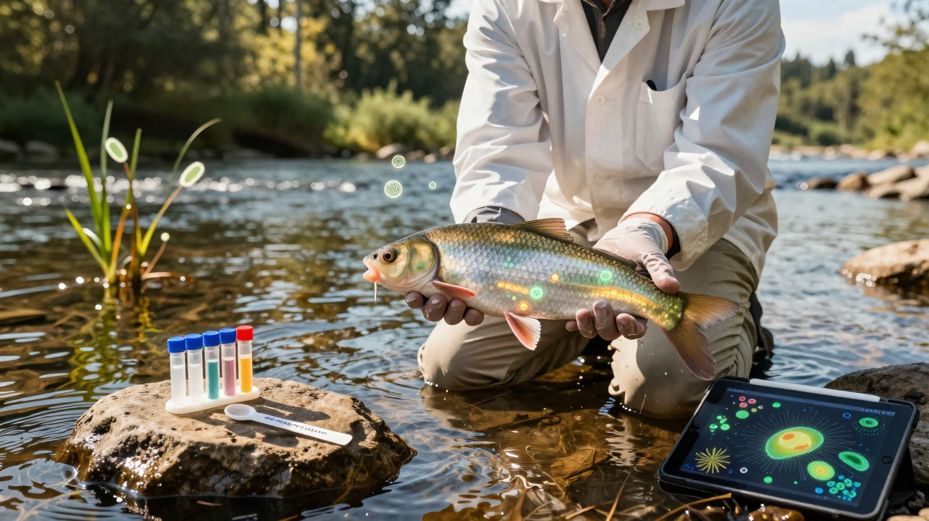Cientista segura peixe numa ribeira, com tubos de ensaio e tablet mostrado micro-organismos na água.
