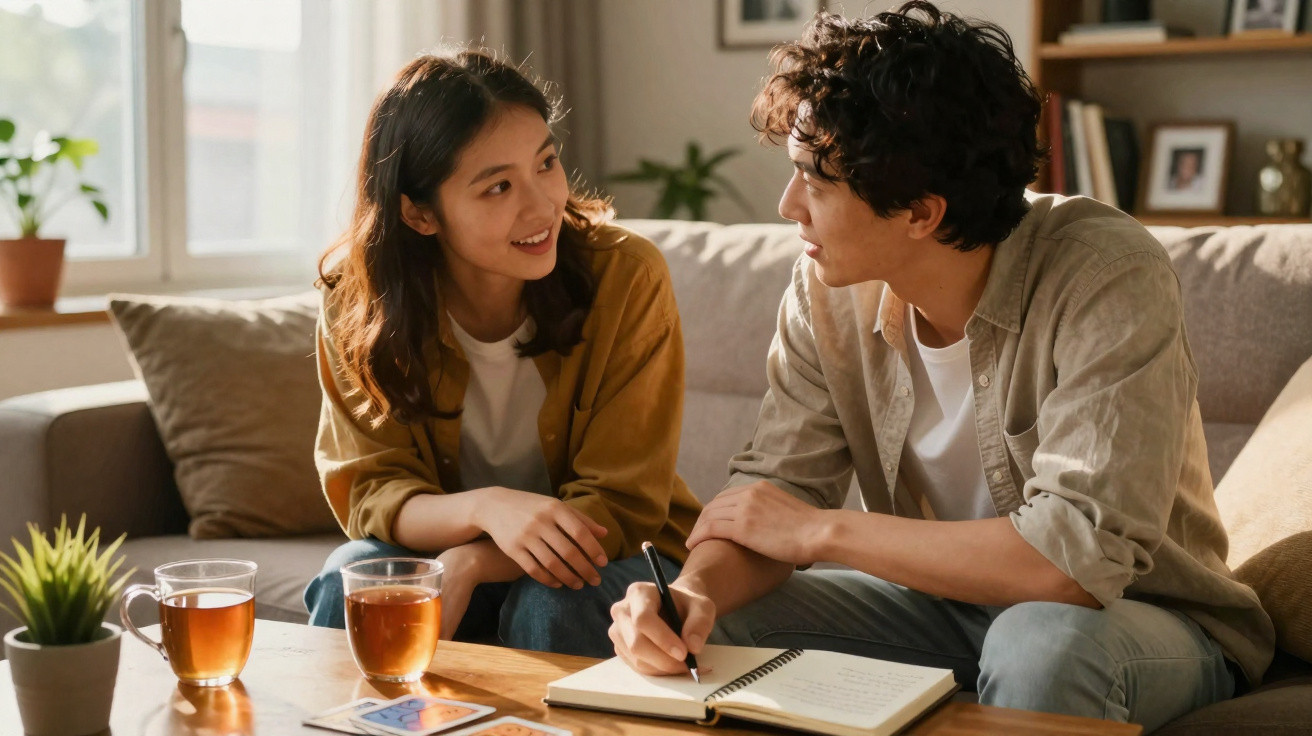 Jovem casal sentado no sofá, a escrever e conversar numa sala iluminada e acolhedora.