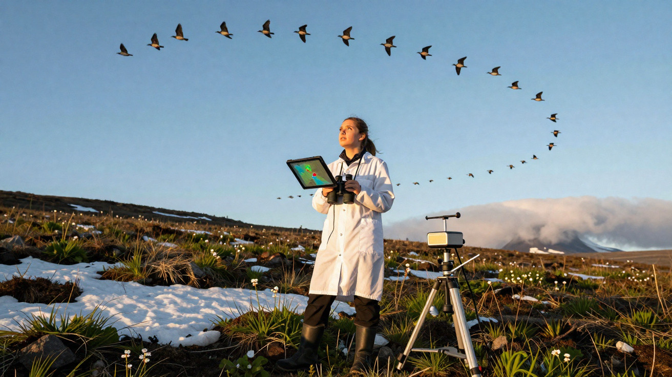 Cientista com bata branca observa aves em formação sobre terreno com neve e flores, segurando tablet e binóculos.