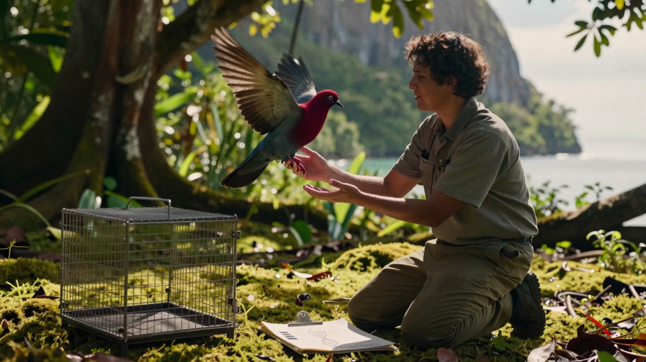 Homem liberta pombo vermelho numa floresta com gaiola e prancheta no chão, natureza ao fundo.