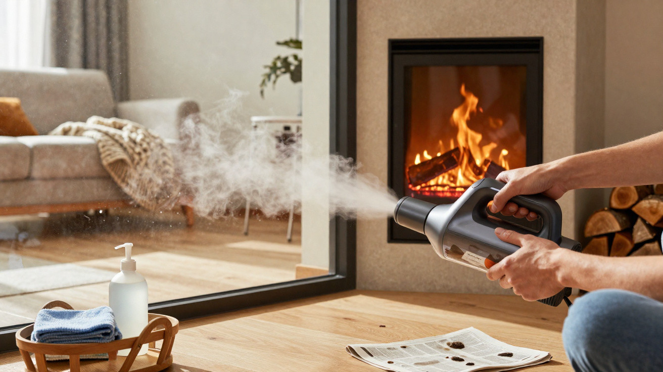 Pessoa a limpar uma superfície de madeira com aparelho a vapor num ambiente acolhedor com lareira acesa.