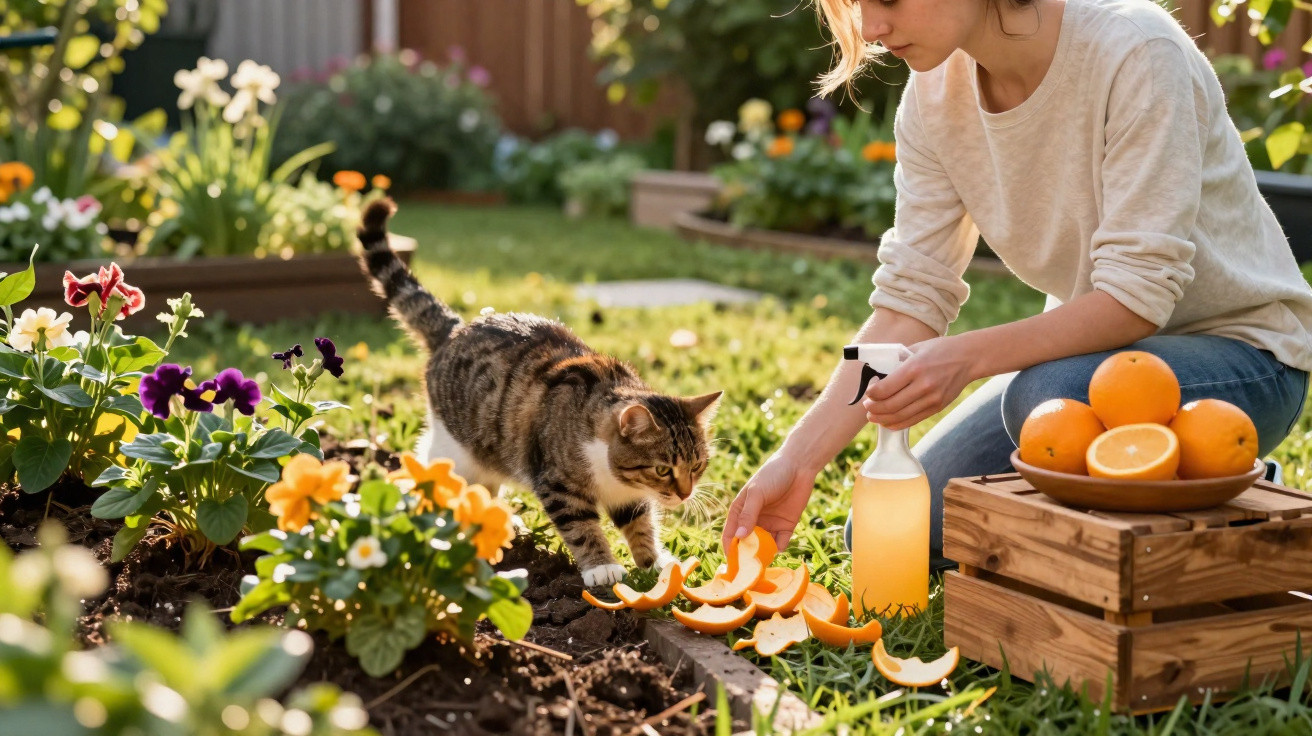 Mulher rega flores no jardim enquanto gato investiga cascas de laranja em dia solarengo.