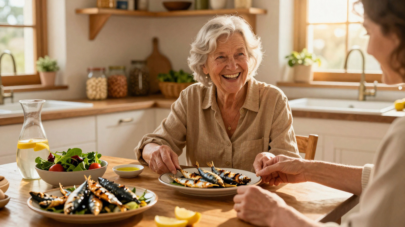 Duas mulheres a partilhar uma refeição com sardinhas grelhadas e salada numa cozinha iluminada.