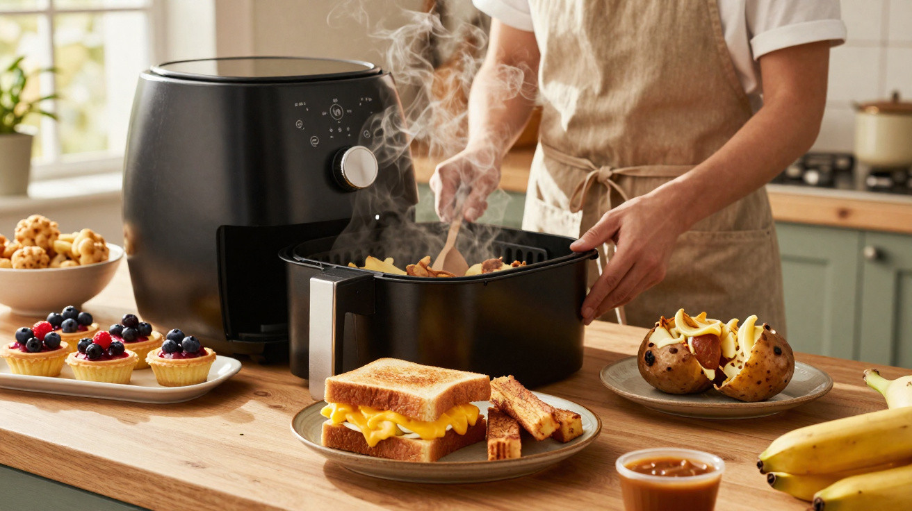 Pessoa a cozinhar batatas numa fritadeira elétrica numa cozinha com diversos alimentos à volta.