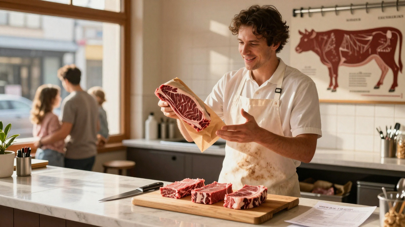 Açougueiro a embrulhar bifes de carne num talho com dois clientes ao fundo junto à janela.