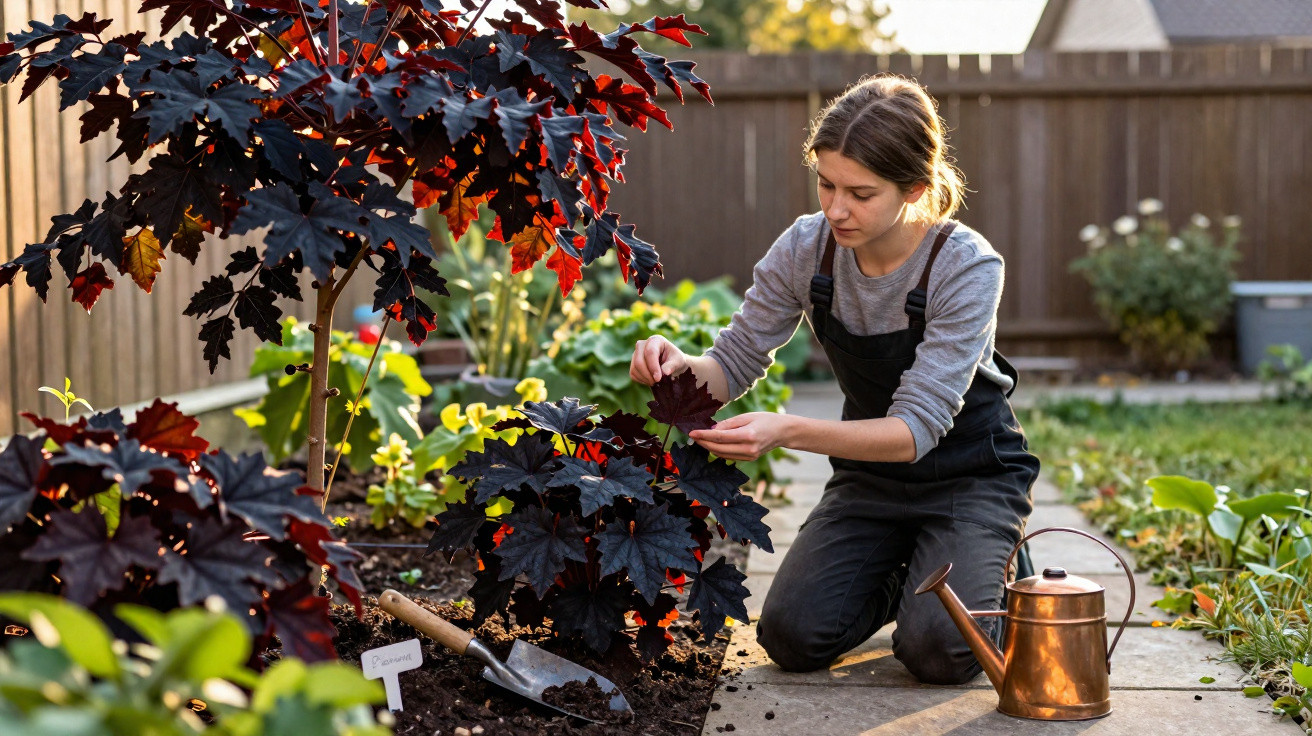 Mulher a cuidar de plantas com folhas escuras num jardim, com regador e enxada ao lado.