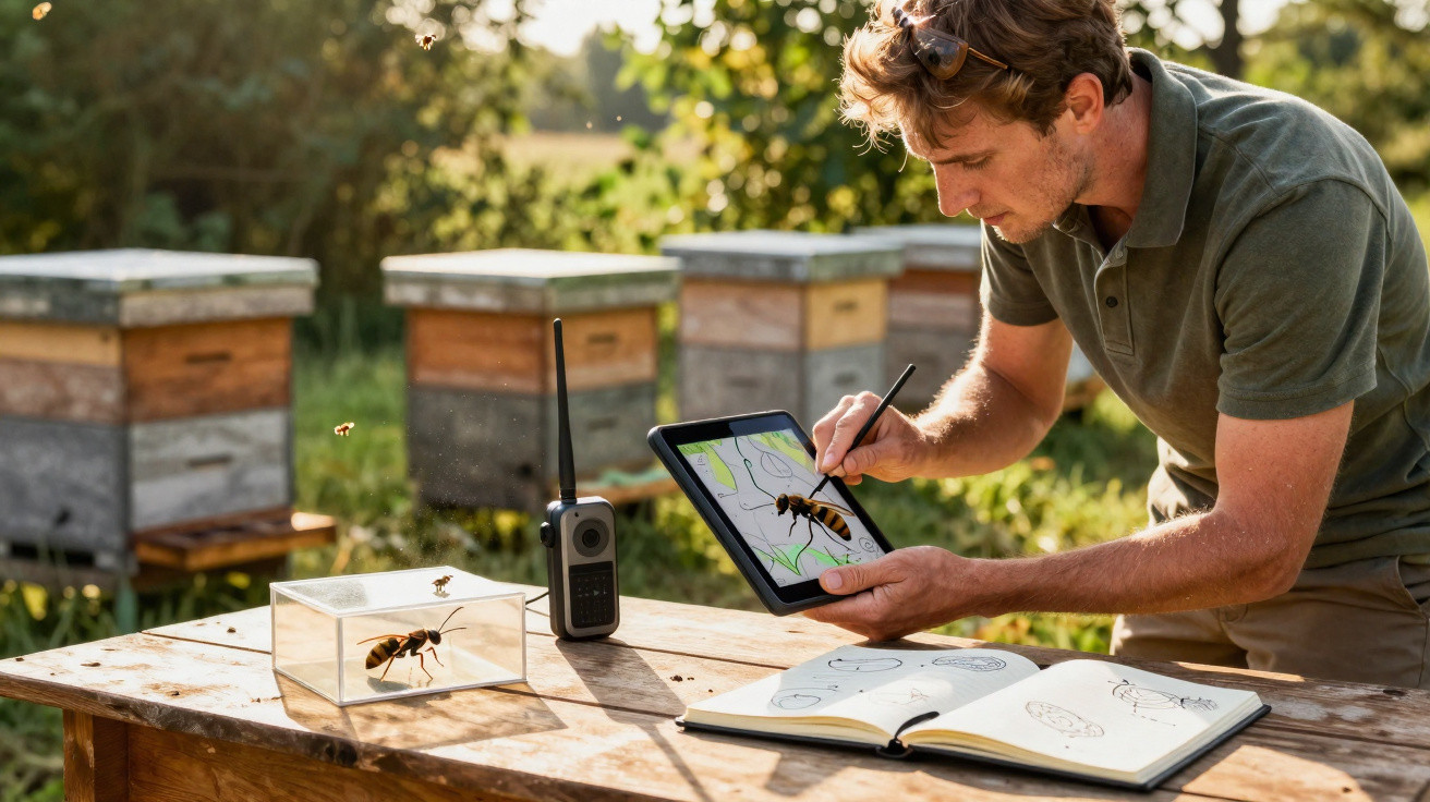 Homem analisa abelhas com tablet digital e caderno junto a colmeias ao ar livre numa mesa de madeira.