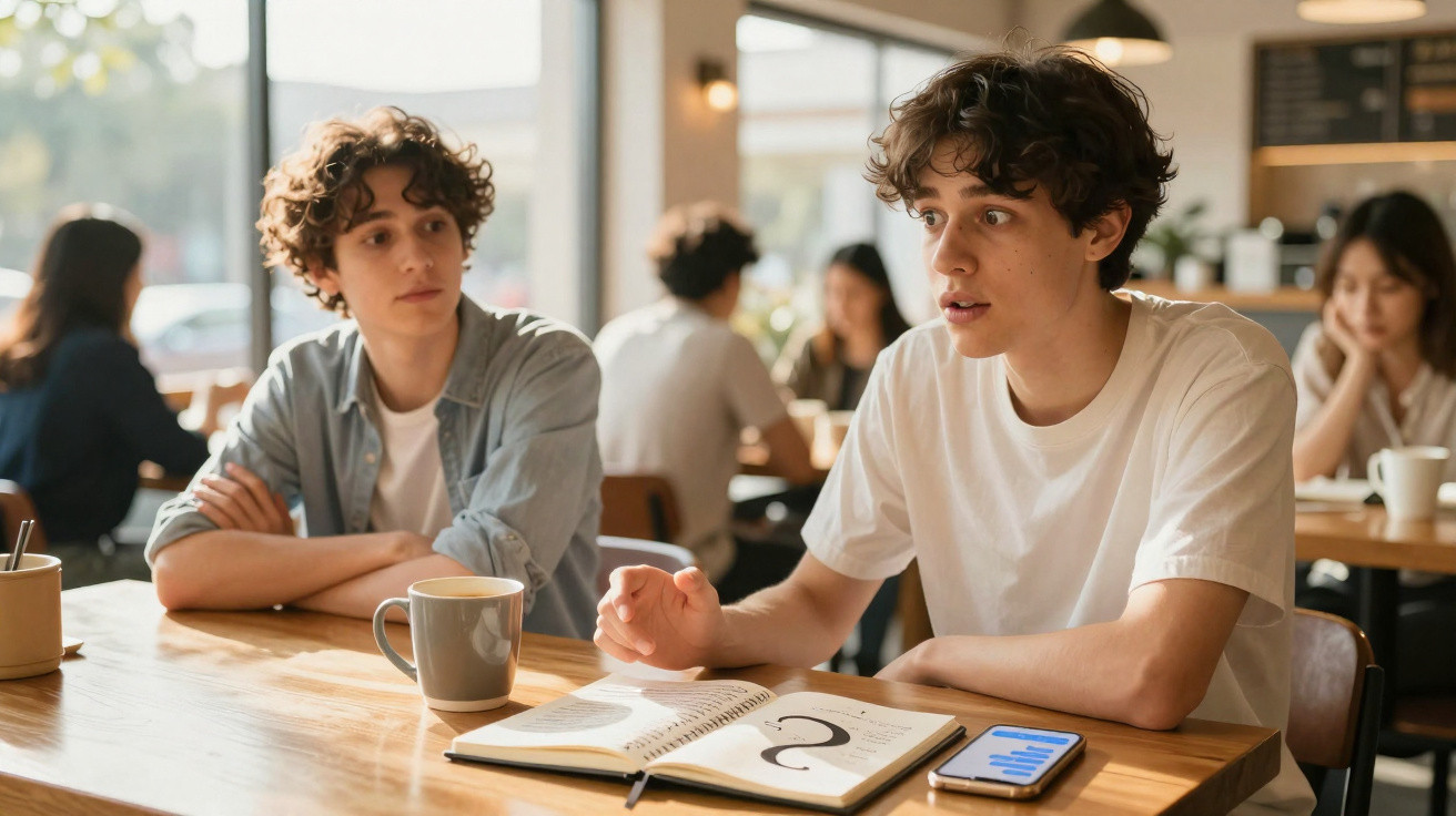 Dois jovens sentados numa mesa de café, um fala animadamente enquanto o outro ouve atento.