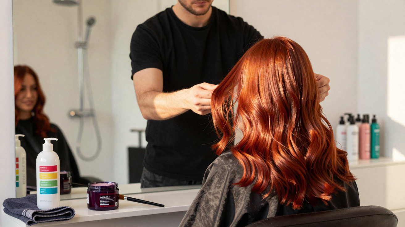 Homem a arranjar cabelo ruivo ondulado de mulher sentada frente a espelho num salão de beleza moderno.