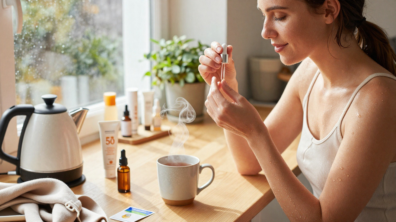 Mulher com pele molhada aplica sérum facial junto a chá quente e produtos de cuidados de pele numa mesa.