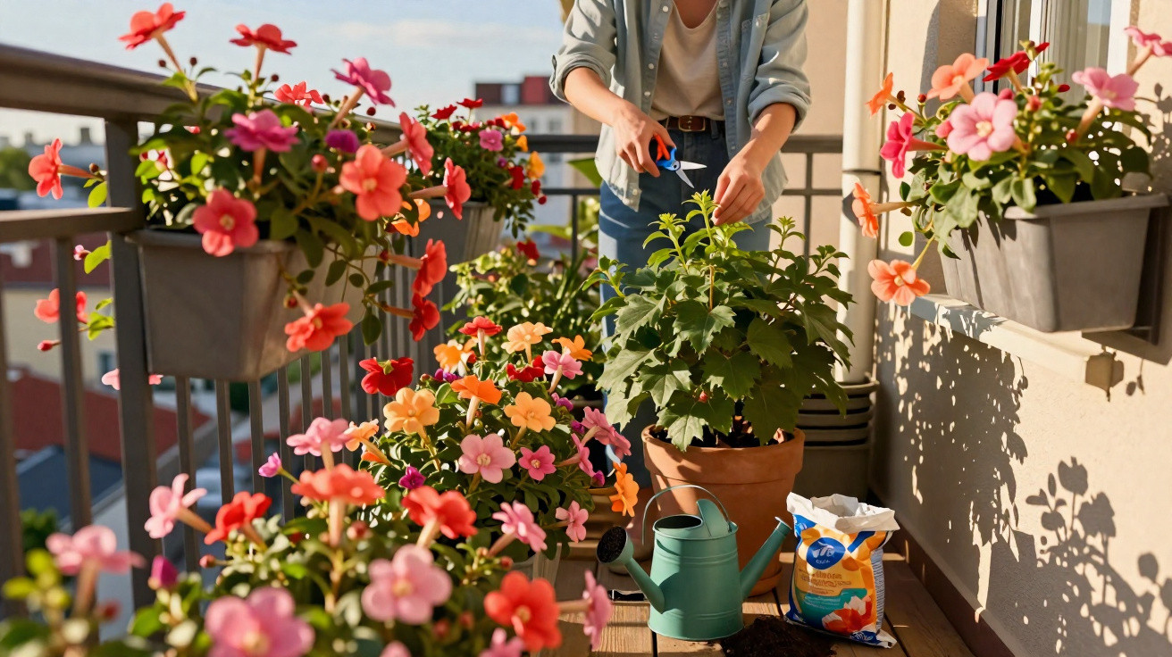 Pessoa a cuidar de plantas e flores coloridas numa varanda ensolarada com utensílios de jardinagem.